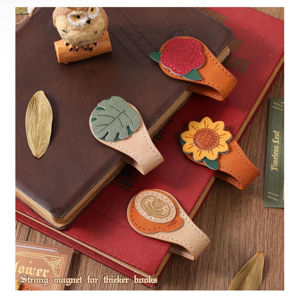 Magnetic Leather Bookmarks Vintage Style Set of 2 SunflowerPine Leaf Latte Rose - Picture 5 of 5